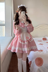 Robe Lolita Taille Plus Douce de Marin avec Nœud Papillon à Volants et Manches Longues Rose - Ensemble Complet